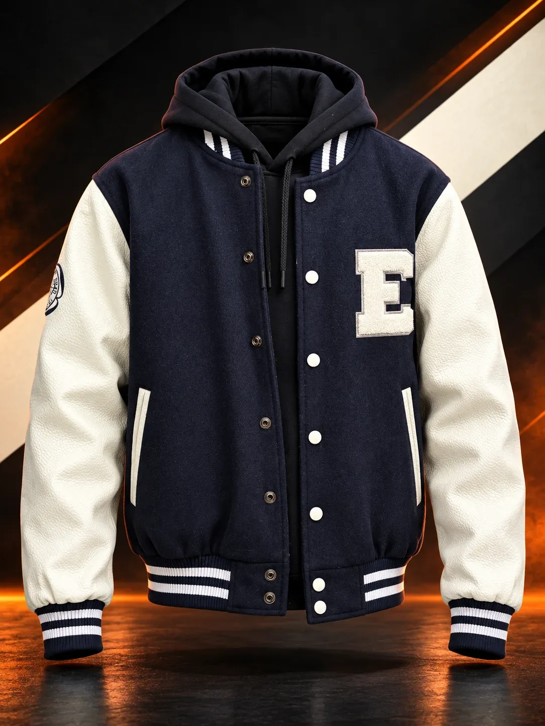 Casaca en azul marino con mangas en crema, letra E, capucha y botones