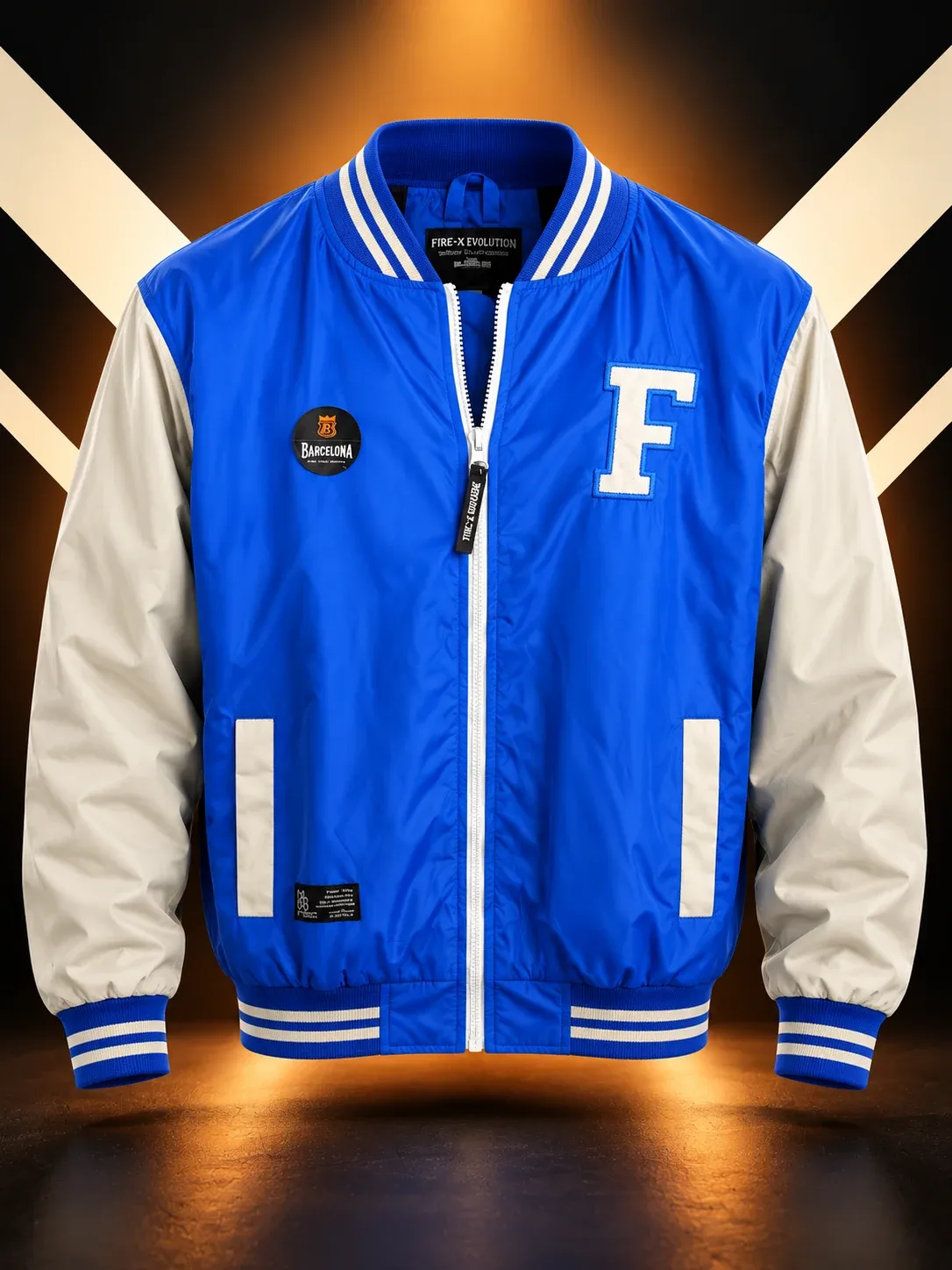 Casaca en azul royal con mangas en crema, letra F y botones