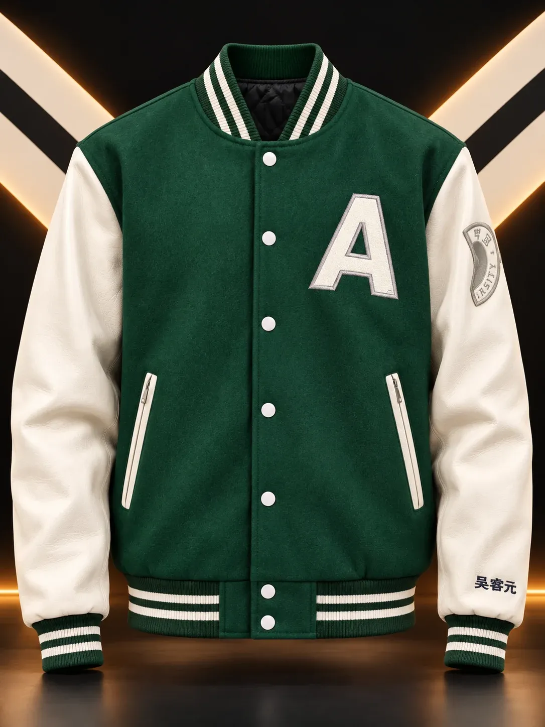 Casaca en verde oscuro con mangas en crema, letra A y botones