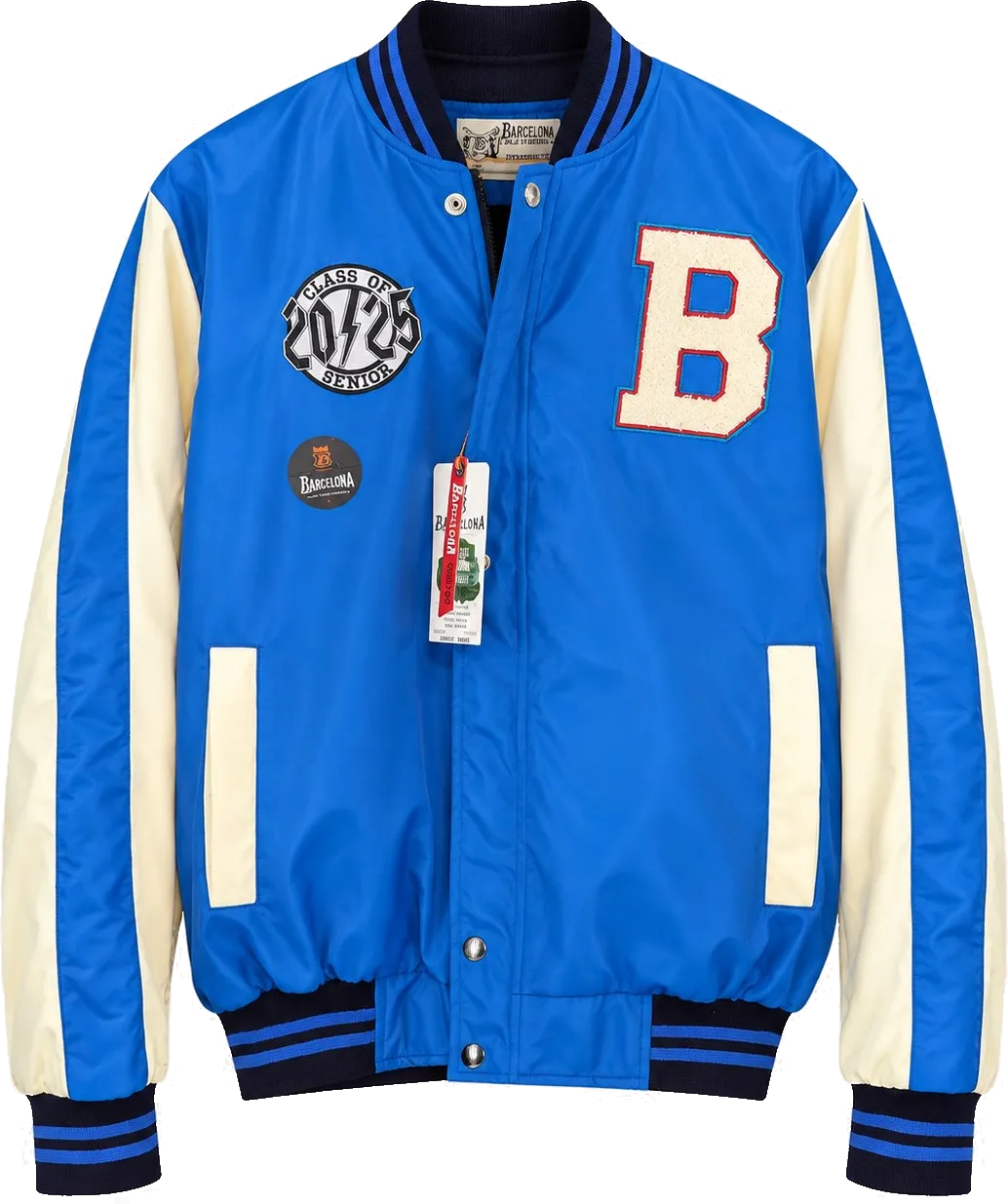 Casaca azul con mangas crema, parche B y parche Class of 2025